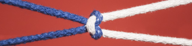 Картина:синий и белый шнур завязанный друг с другом. Задний фон красный.